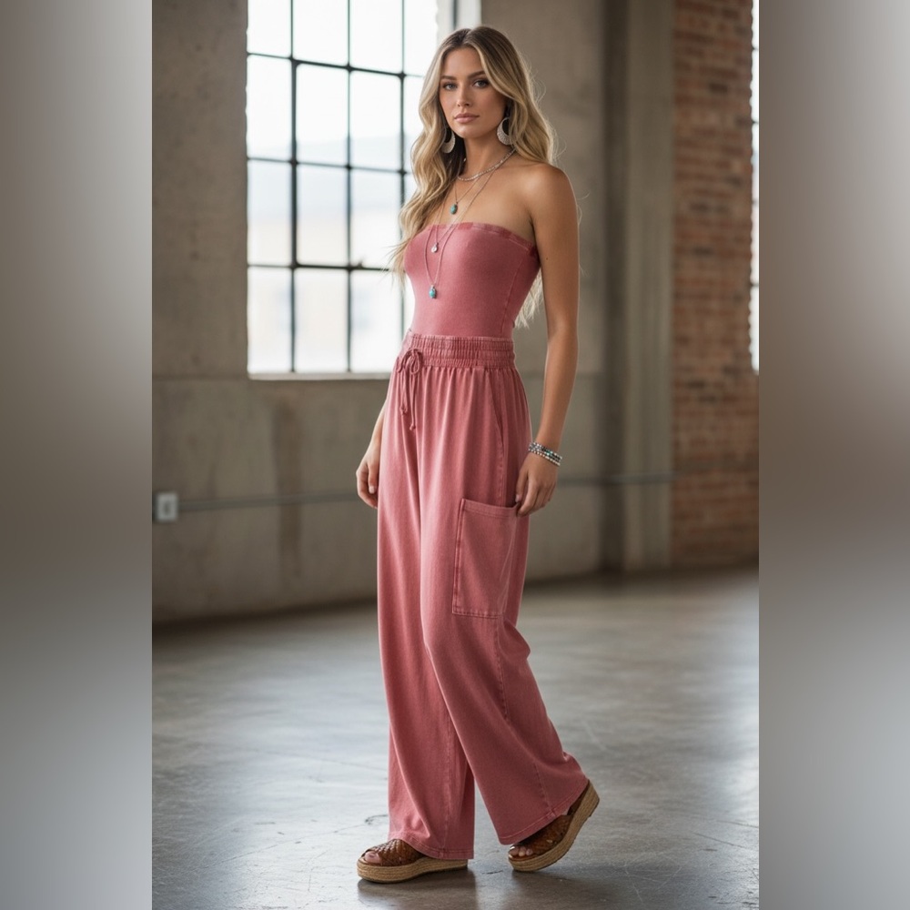 NWT Washed Drawstring Waist Strapless Cargo Pocket Wide Leg Jumpsuit Jumper - Picture 4 of 7